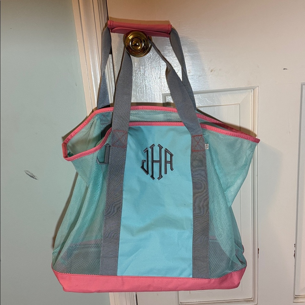 Marleylilly Blue and Pink mesh Tote Bag with Gray Straps